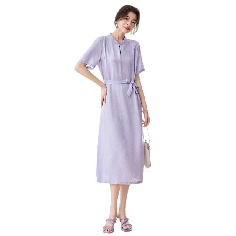 Hualuo Silk Dress Fashion Print Lace-up Waist Silk Dress Women's Split Mulberry Silk Dress