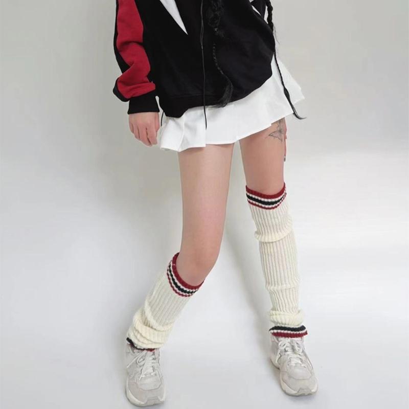 Student Vintage Double Striped Ribbed Knit Leg Warmers Slouch Leg Covers Boot Cuffs Stretchy Long Boot Socks for Women