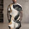 Men Plus Size Round Neck Short Sleeve Yellow Brown Red Printed Tie Dye Two Piece Shorts Set