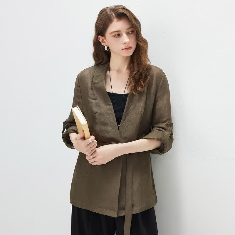 Women's Linen Silk Blend Belted Blazer