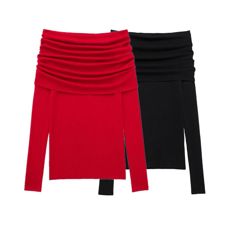 

Spring 2025 Women s Elegant Slim One-Shoulder Layered Pleated Knit Top Small чёрный
