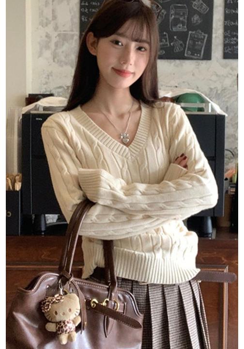 V-Neck Twist Women Sweater Knit Autumn Winter Casual Top Solid Color Loose Fit Korean Style Long Sleeve Fashion Sweaters Simple Clothing