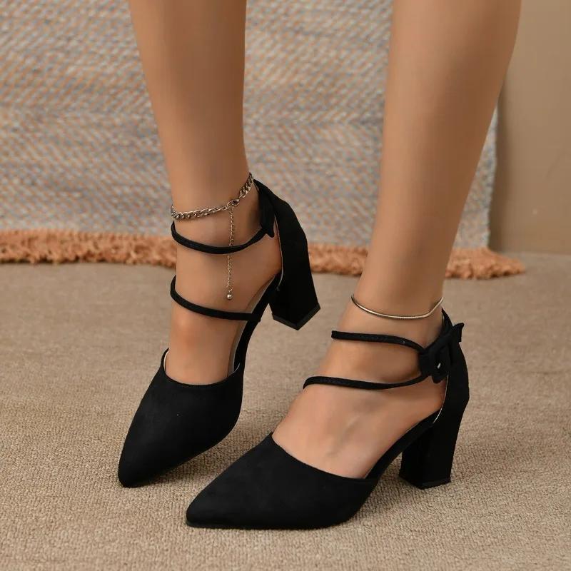 Fashion Block Heel Sandals Women's New Summer Pointed Toe Shallow Suede One-word Buckle Skinny Kitten Heel Baotou High Heels