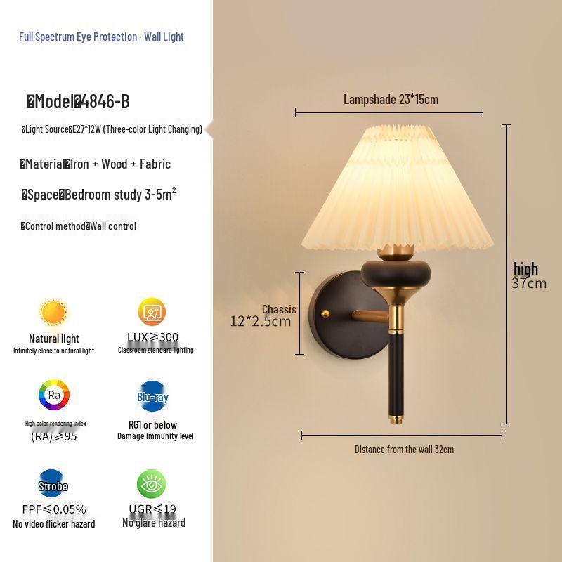 Nordic Retro Chinese-Style Wall Lamp: Solid Wood & Cream Bedside Light for Bedroom, Living Room & Aisle Decorations