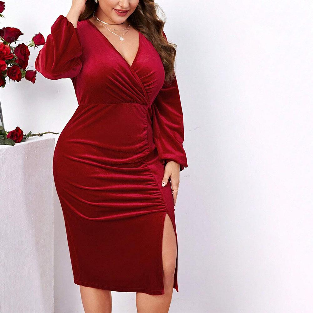 Vestido Midi Bodycon Sexy de Terciopelo para Mujer Talla Grande, Cuello en V, Manga Larga, Abertura