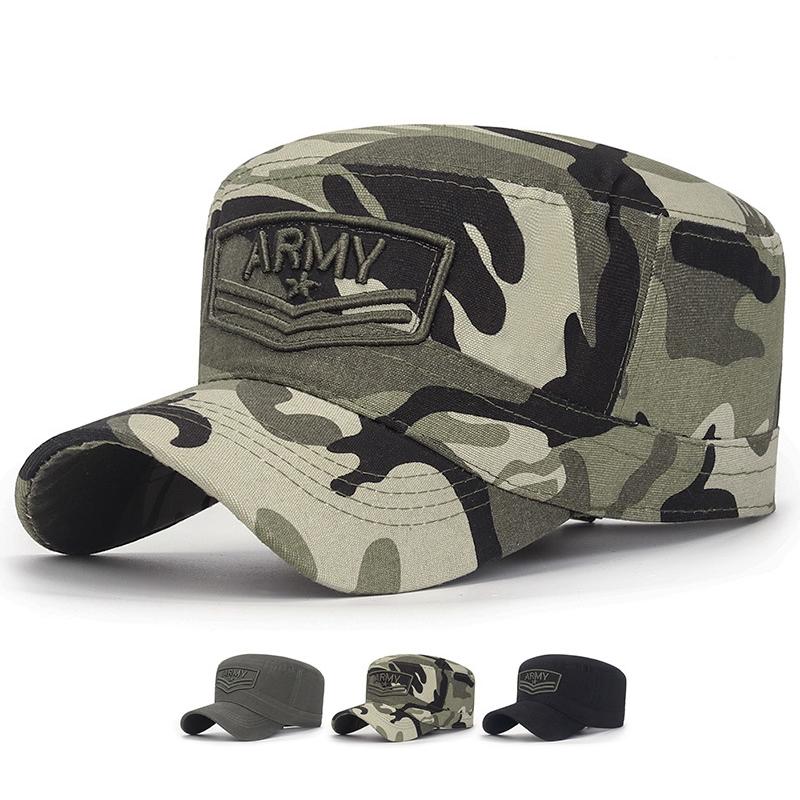 Jaro Podzim Bavlna Vojenské kšiltovky Muži Outdoorový plochý cylindr maskáčový vyšívaný klobouk Trucker Snapback kšiltovka Armádní kšiltovky