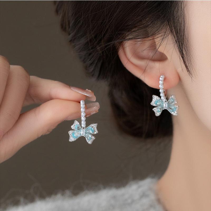 Elegant Blue Zircon Bow Pearl Stud Earrings – High-End, Versatile Fashion for Women