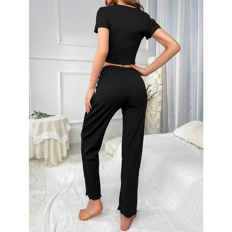 Women Stretch Wave Edge Short Sleeve Long Trousers Student Home Wear Suit Round Neck Solid Sleepwear Loungewear Ladies Pajamas
