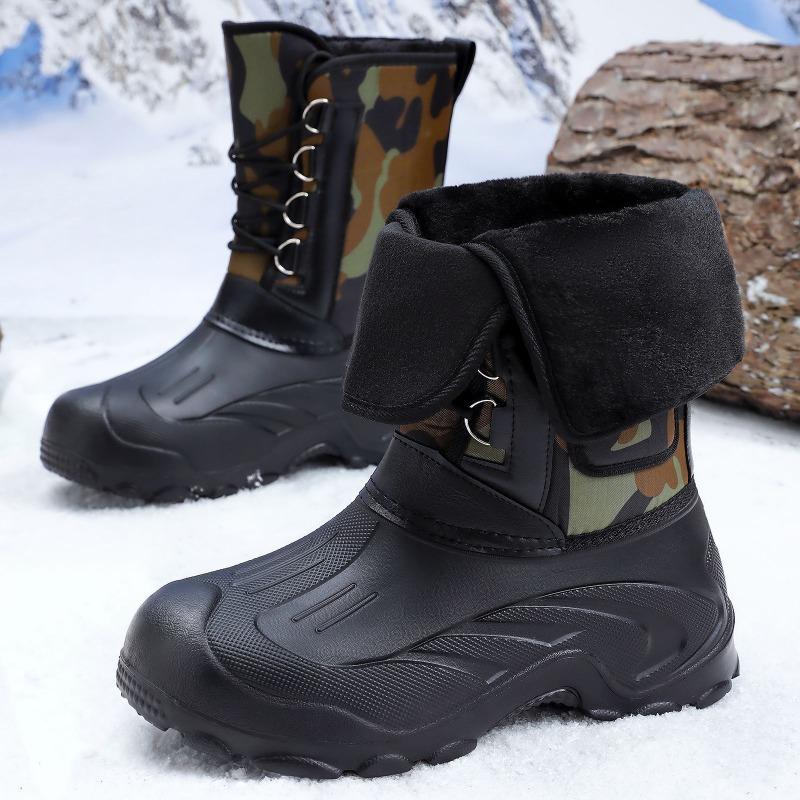 Herren Tarnung Mittelhohe Schneestiefel, Schnürung Dicke Sohle Fleecegefüttert Warm Outdoor Arbeit Baumwollschuhe