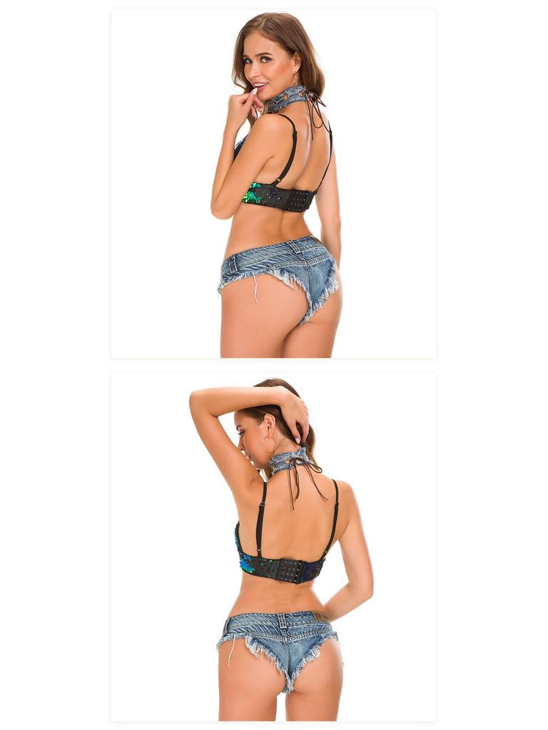 2024 New Women's Sexy Summer Denim Shorts - European & American Style with Sequins & Rips