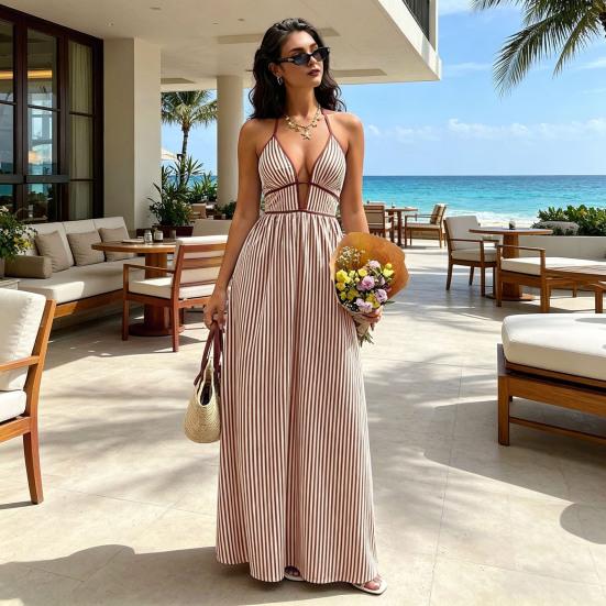 Women's Halter Striped Maxi Dress Sleeveless Deep V Neck A Line Sundress Summer A-Line Beach Vacation Dress