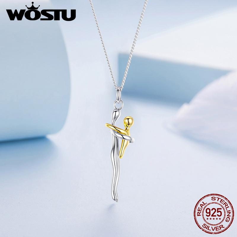 WOSTU Collana con Ciondolo Abbraccio Reale in Argento 925 Argento Oro Bicolore Ciondolo Mamma e Bambino Regalo di Famiglia Gioielli per Mamma