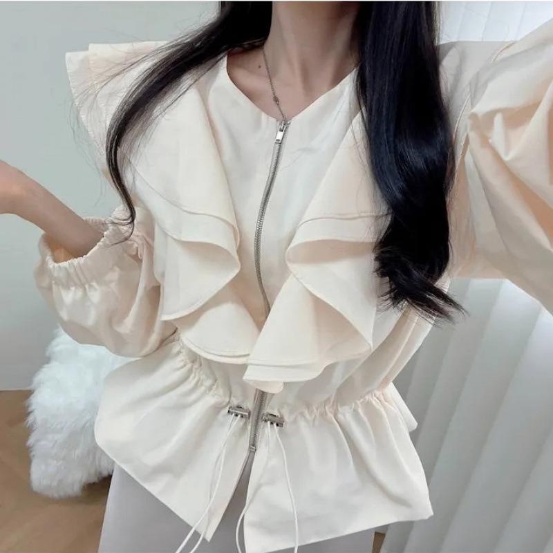 2026 Korean Style Ruffle Drawstring Waist Cropped Windbreaker Jacket One Size чёрный