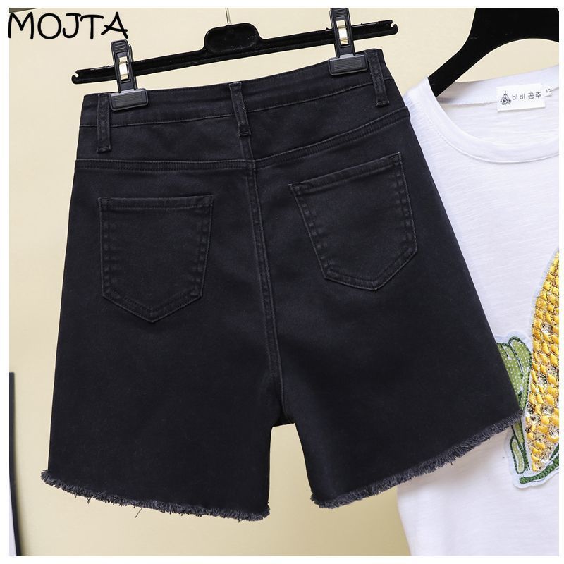 Kadın Yaz Moda Yüksek Bel Kot Şort Pantolon Geniş Bacak Tüm Maç Rahat Delik Jean Şort Artı Boyutu