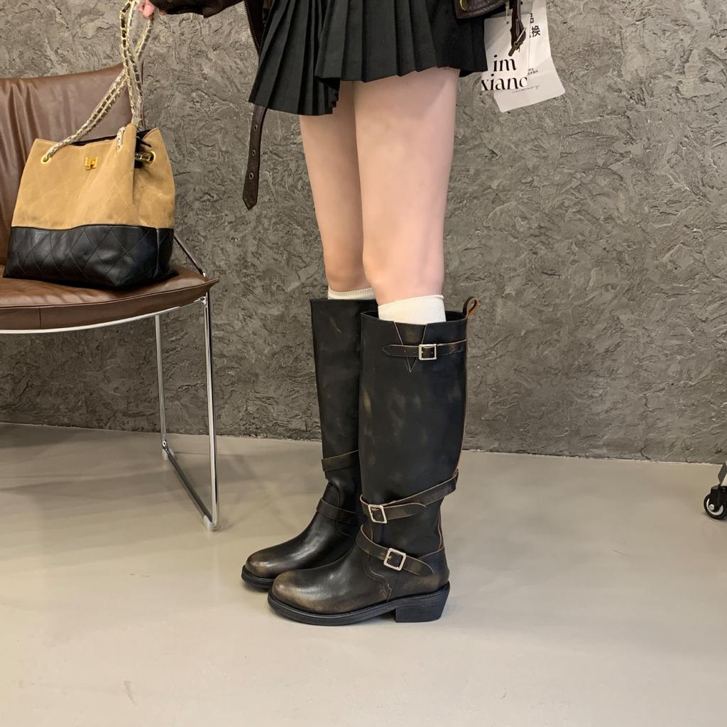 Heavy Knight Boots "retro Old Polished Pleated Boots Women's Autumn Thick Heel Belt Buckle Locomotive Stacking Boots