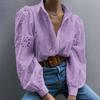 Elegant Loose Fashion Lace Women Shirt Casual Hollow Out Puff Long Sleeve Top Single-breasted Office Blouse Solid Sweet Simple Lapel Women's Clothing