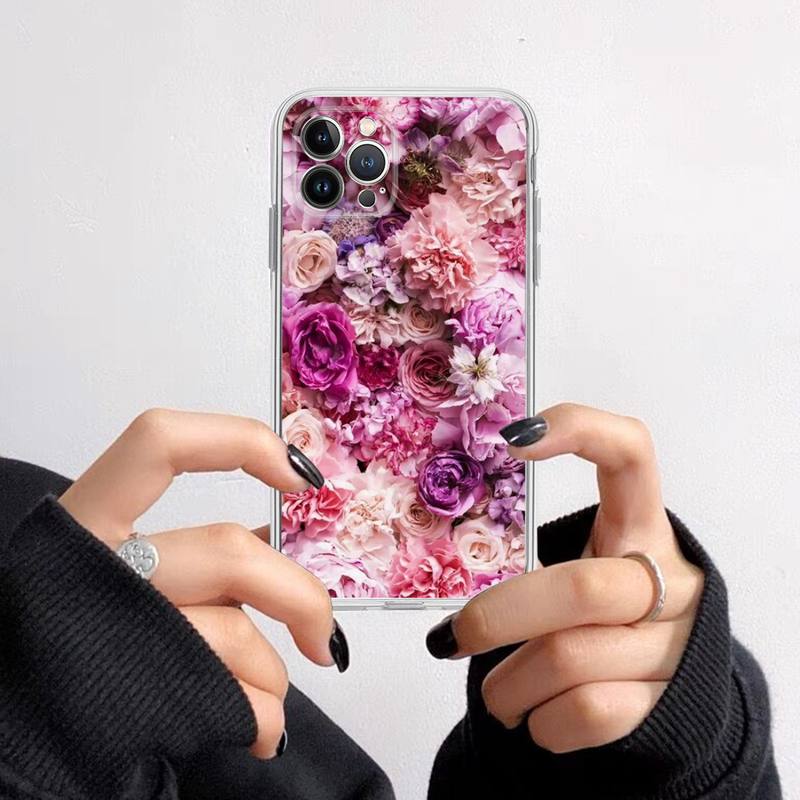 Elegant Pink Purple Peony Flower On the Vase Phone Case For iPhone 14 13 12 11 XS X XR SE 2020 6 7 8 Plus Mini Transparent Shell