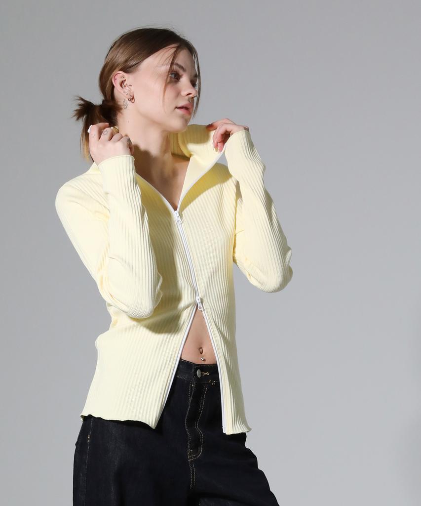 REEMNIK High-Neck Two-Way Zip-Up Ribbed Knit Top [Yellow]
