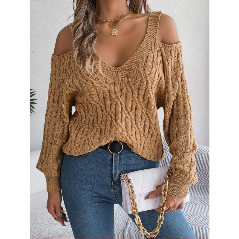 Lässiger, einfarbiger, gedrehter Pullover mit schulterfreien Laternenärmeln für Damen im Herbst und Winter