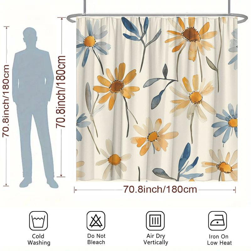 1Pc Daisies Slender Leaves Seamless Shower Curtain - Soft Airy Floral Light Cream Polyester,Washable & Fashionable Home Decor