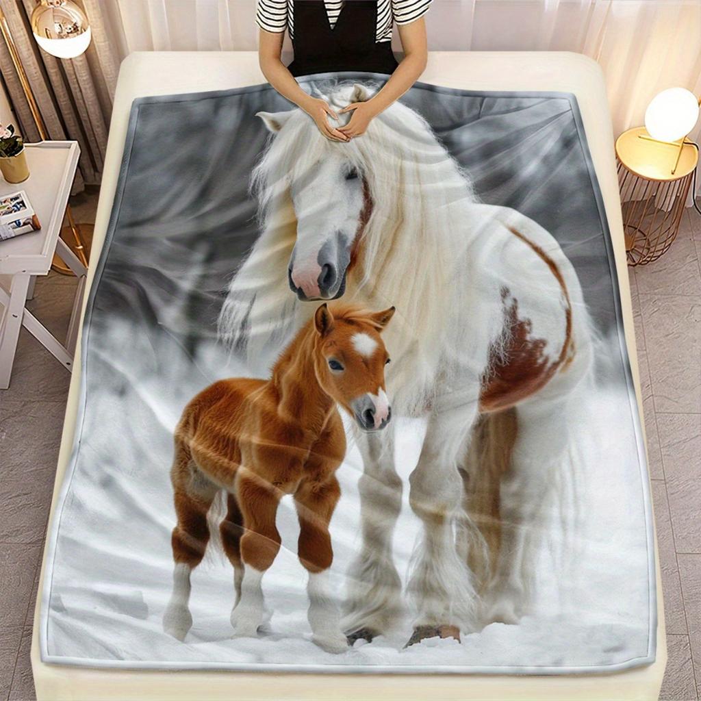Weißes Fohlen Schnee-Wurfdecke, HD Digitaldruck Weiche Warme Decke für Sofa Bett, Reitsport-Thema Geschenk für Erwachsene, Gemütlich