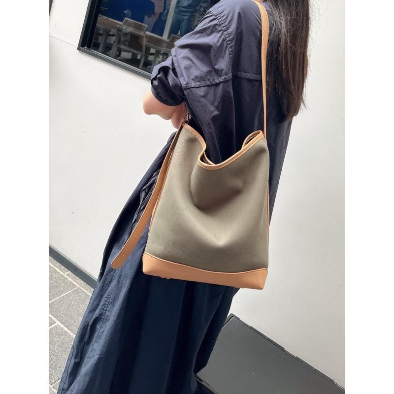 New leather cowhide with canvas bucket bag vegetable basket tote bag shoulder crossbody handbag women's bag