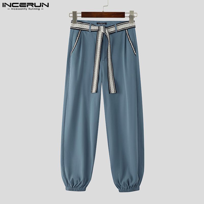 INCERUN Men Autumn Embroidery Belt Zip-up Waist Stitching Long Harem Pants Trousers