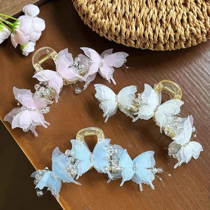 13cm Chiffon Bead Tassel Hair Claw Jaw Elegant Fairy Butterfly Hair Clip Crab Girls Large Hairpins For Women Hair Accessories Headwear