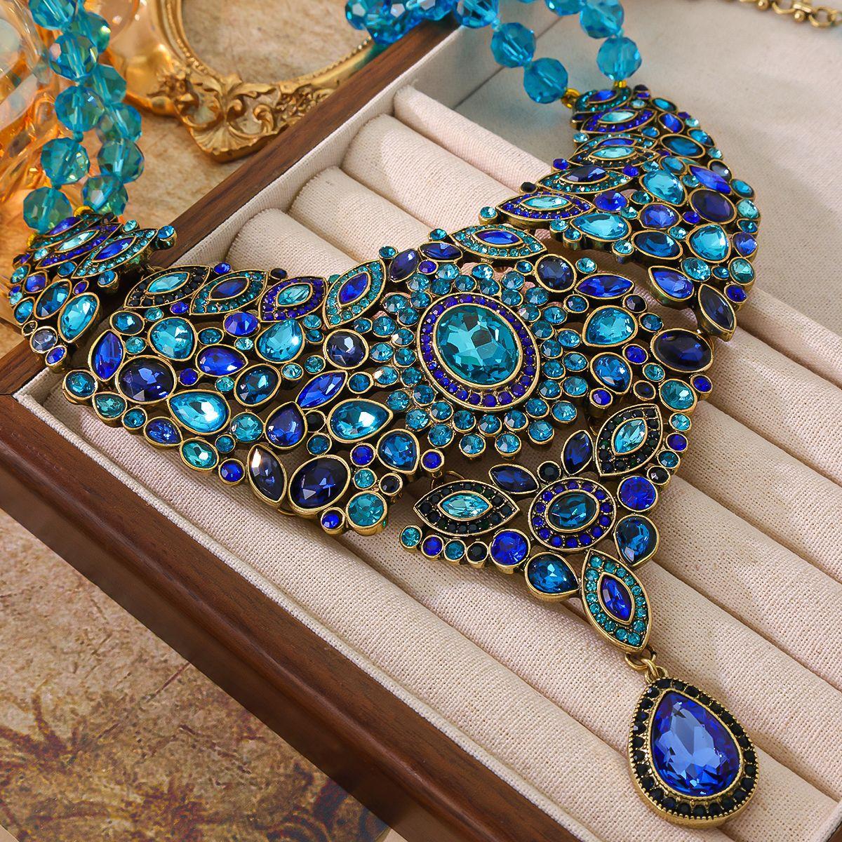 Medieval Retro Bohemian Style Exaggerated Blue Gemstone Inlaid Necklace Earrings