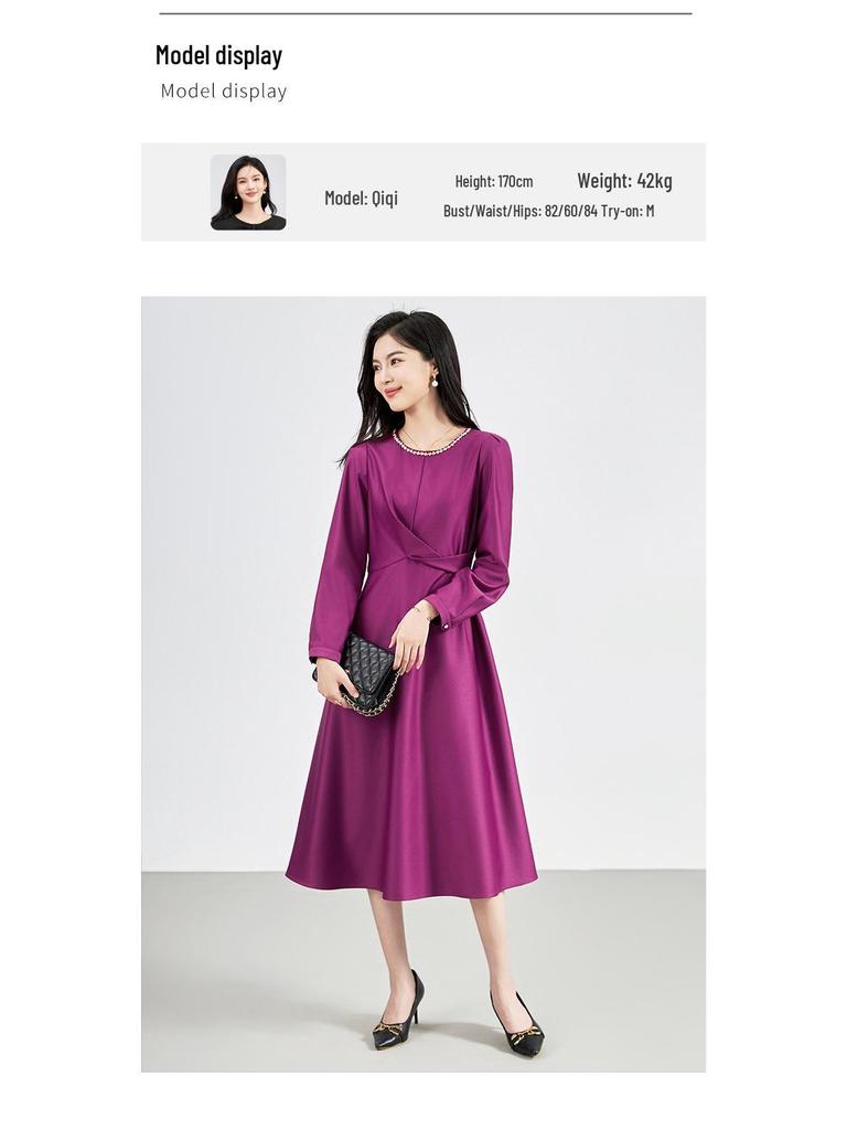 French Chic Light Luxury Waist-Slimming Dress - Imitation Silk Wool with Diamond Detail