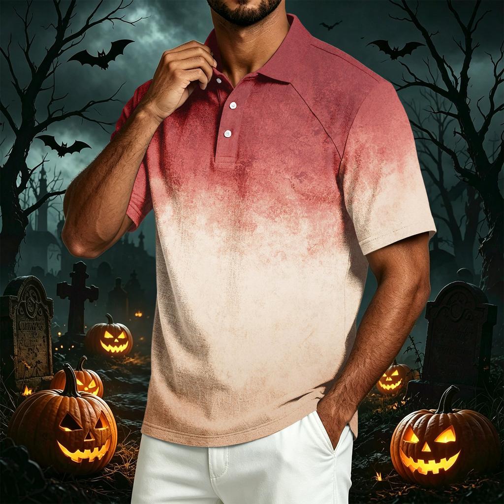 Men's Casual Short Sleeve Polo Shirt Lightweight Breathable Cotton Linen Fabric Halloween Print Design Button Down Collar