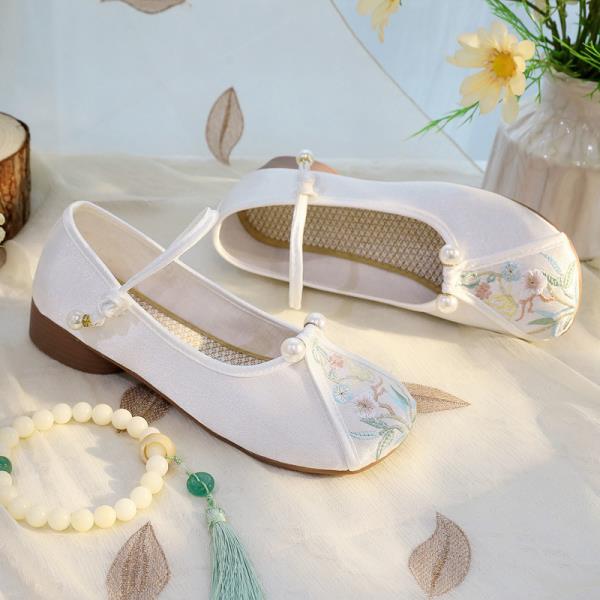 Fashion Home Slippers Women's Square Heel Loafers Slides Cover Toe Massage Block Floral Fabric Embroider Square Toe Block Heel Shoes Loa