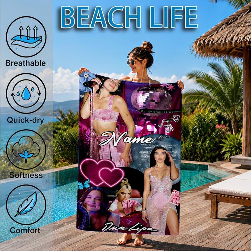 Custom Name Pink Glamour Ay-liva Heart In Space Adventure Microfiber Beach Towel, Lightweight for Summer Travel, Swimming Pool Fan Gift
