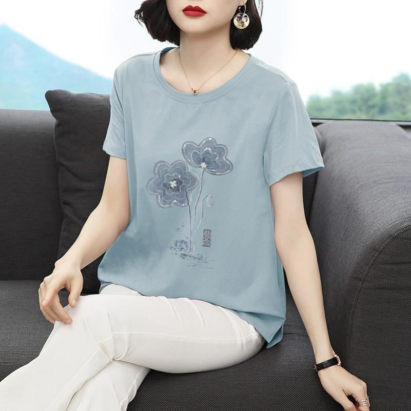 Round Neck Printed Short-sleeved T-shirt Women's Summer Pullover Plus Size Loose Mother Casual Top