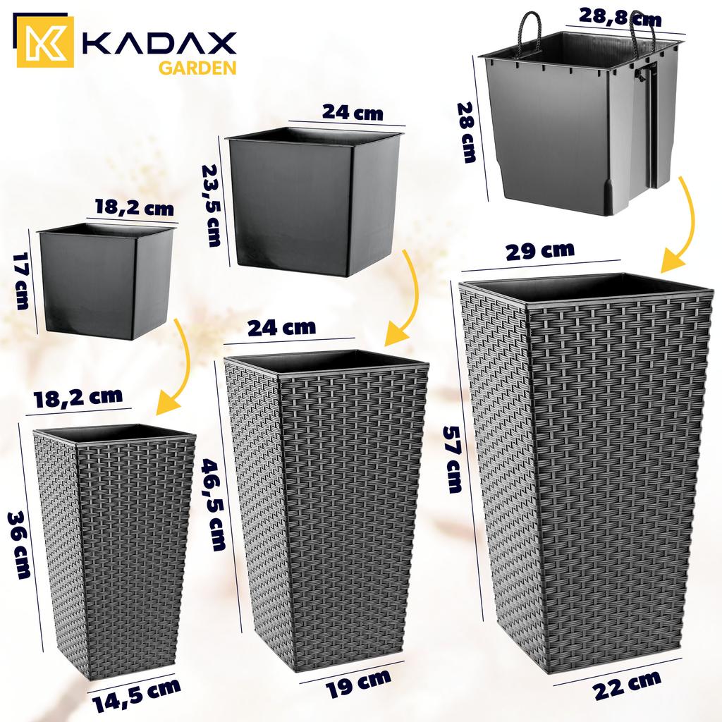 KADAX Set of 3 Flowerpots Flowerpots Inserts Garden Flowerpots Tall Rattan Graphite 57cm