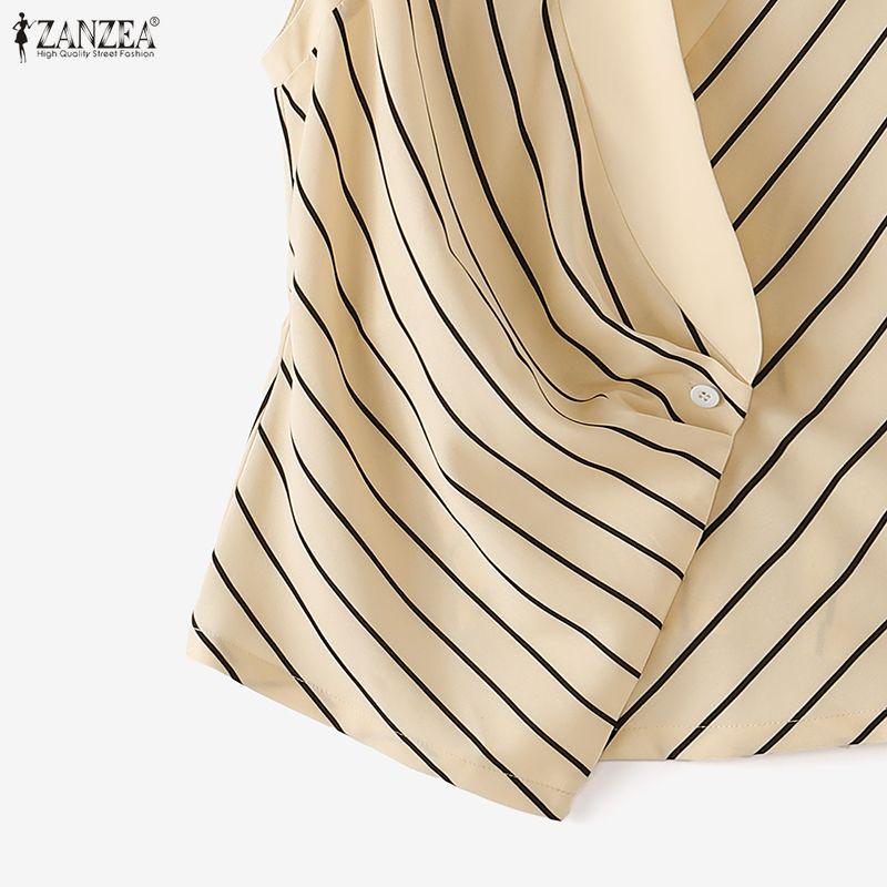 ZANZEA Blusa da Donna Elegante a Maniche Corte con Collo a Revers e Stampa a Righe Casual