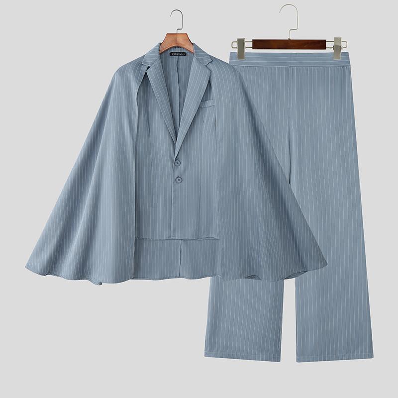 

INCERUN Men Lapel V Neck Long Sleeve Striped Cloak Blazer Long Suit Pants Two Pieces Outfits Sets синий