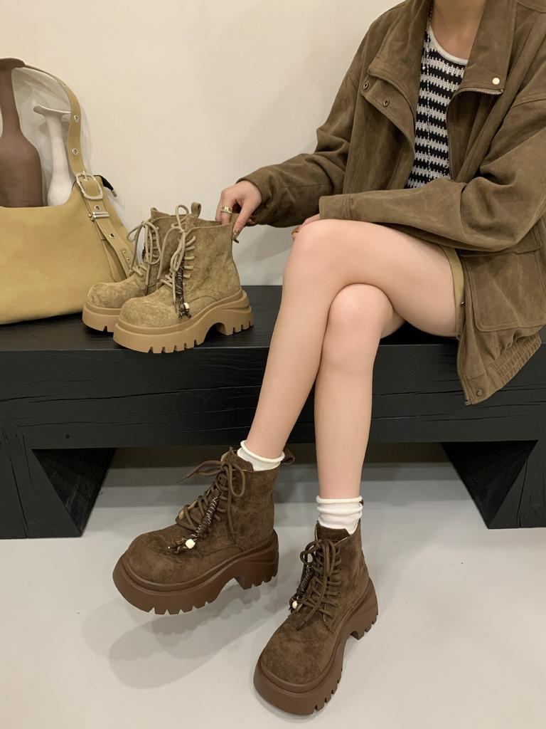 Thick-soled Temperament Martin Boots Women's 2025 New Autumn British Style Lace-up Short Boots Small Height-increasing Boots
