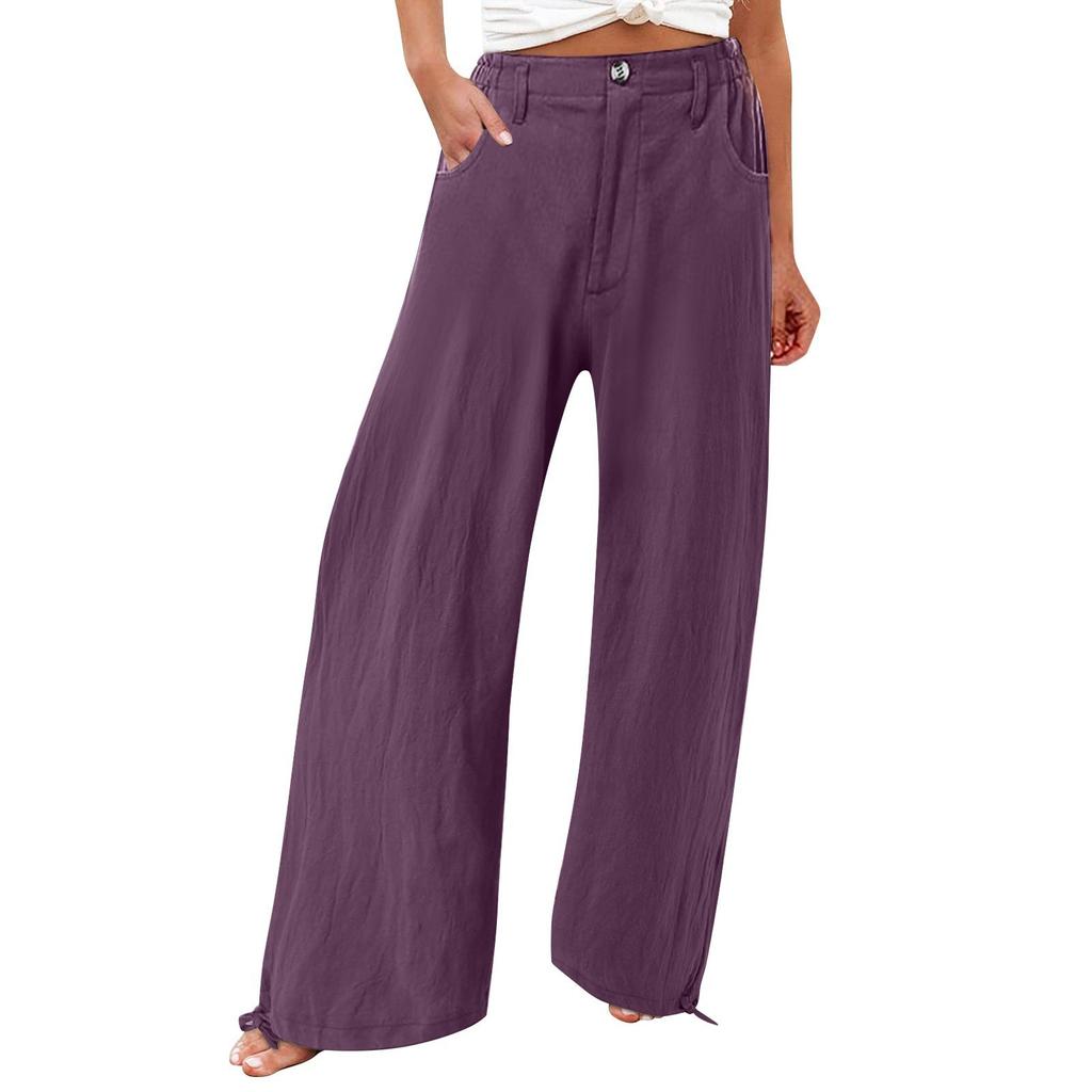 Zomer Katoenen Linnen Wijde Pijpen Broek Vrouwen Losse Palazzo Broek Zak Elastische Taille Knoop Casual Broek