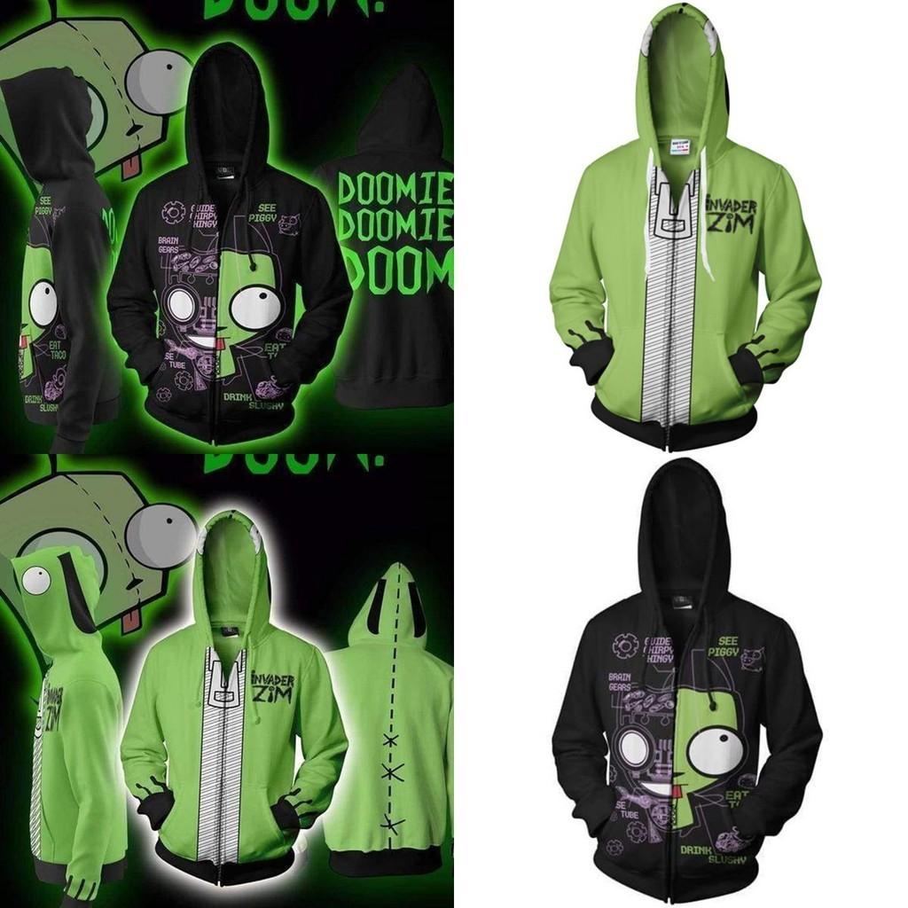 Felpa con cappuccio e zip da uomo stampata Invader Zim in comodo materiale morbido