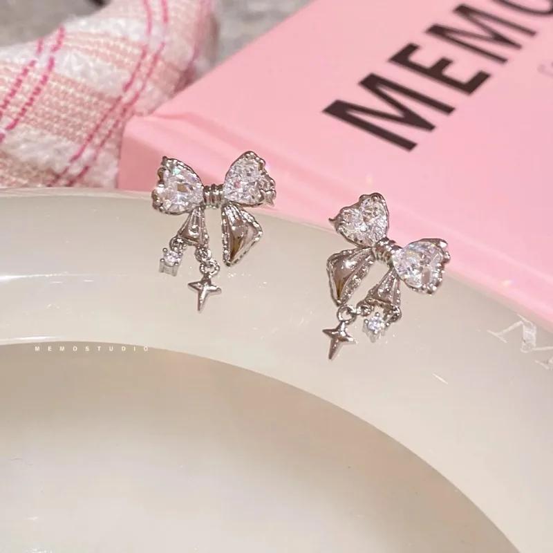 Korean Bows Earring with White Zircon Women's Fashion Cute Pink Crystal Stud Earrings Y2k Earring for Girls Party Zircon Gifts