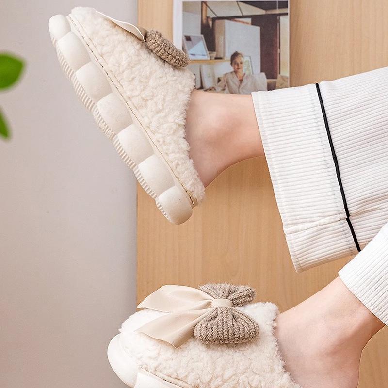 Women's Plush Cotton Slippers with Sweet Bow, Thick-Soled for Indoor Autumn/Winter 2026