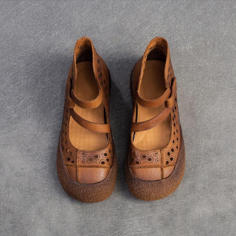 Johnature Hollow Breathable Sandals Genuine Leather Retro Soft Sole Comfortable Versatile Women's Shoes