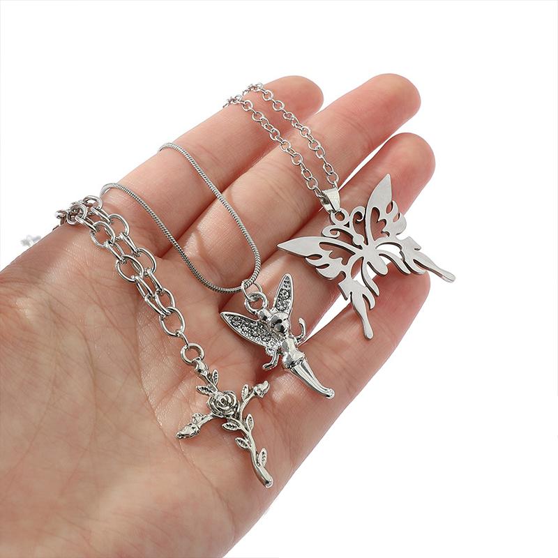 Punk Multi-Layered Chain Necklace Women Silver Butterfly Cross Angel Pendants Hip Hop Grunge Street Jewelry