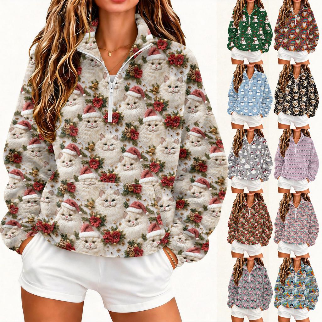 Women's Christmas Print Half Zip Pullover Long Sleeve Casual Top for Holiday Winter