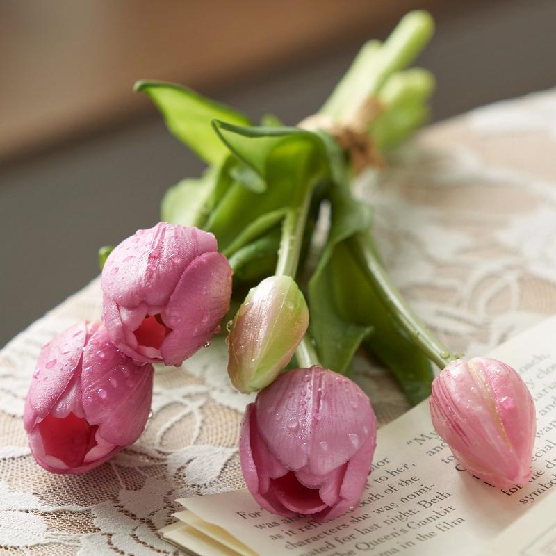 Simulation 5 sticks tied soft silicone tulip fake flower living room tabletop ornament decorative fake flower