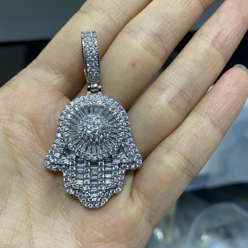 

THE BLING KING Double Layer Famita Hamsa Hand Pendant Full Iced Out Bling Cubic Zirconia Necklace Luxury Hiphop Jewelry For Gift Cuban chain&30inch срібний