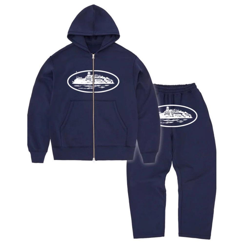Corteiz Devil's Island Men's and Women's Sports Set New American High Street Casual Trendy Zipper Top Flat Pants