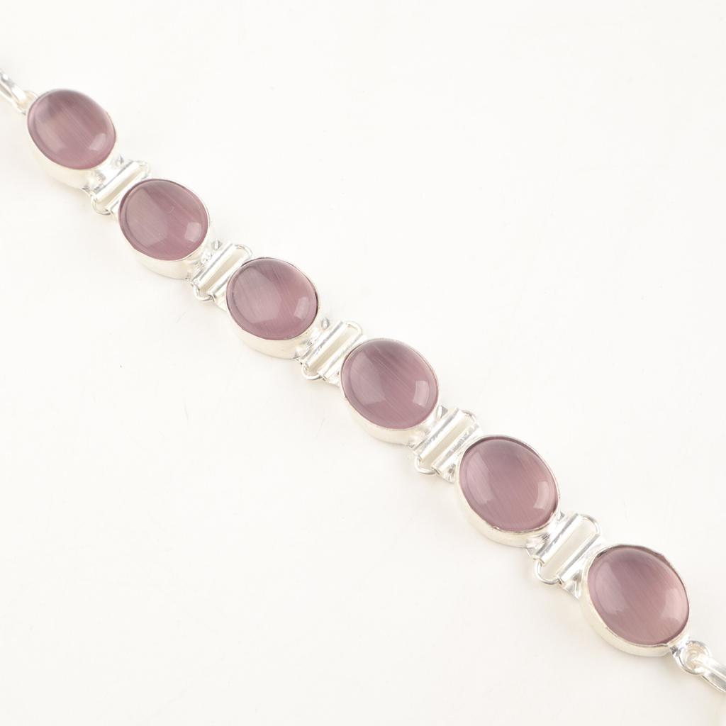 Rare Purple Cat's Eye Gemstone 925 Sterling Silver Jewelry Handmade Bracelet 8" RB-4-25
