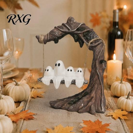 Cute And Spooky Desktop Decoration Ghost On Tree Swing Halloween Decor, Resin Figurine with Vintage Unique Tabletop Decor Base, Festive Party